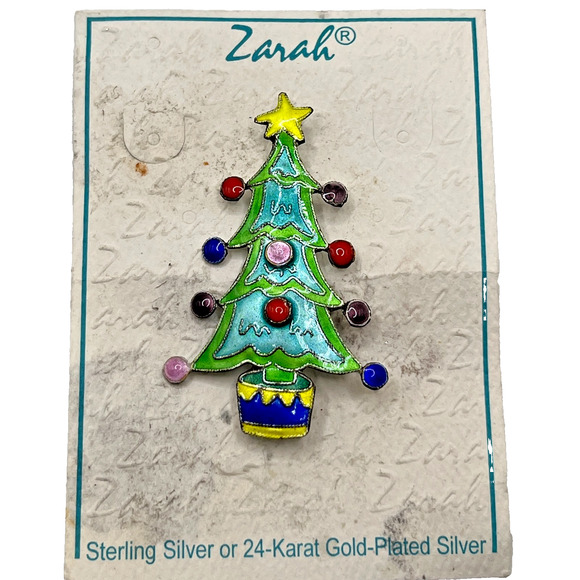 Vintage ZARAH Christmas Tree Brooch in Enamel Sterling Silver Book Piece RARE - Picture 1 of 9